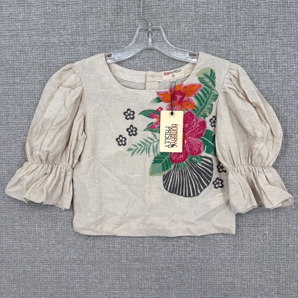 Bombay Paisley Tropical Floral Puff Sleeve Top Womens XXS  Boho Cottage Concert